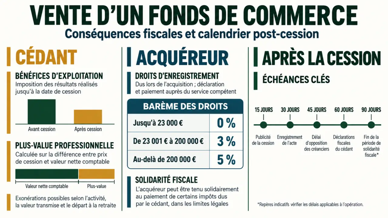 Infographie sur les conséquences fiscales d’une vente de fonds de commerce pour le cédant et l’acquéreur