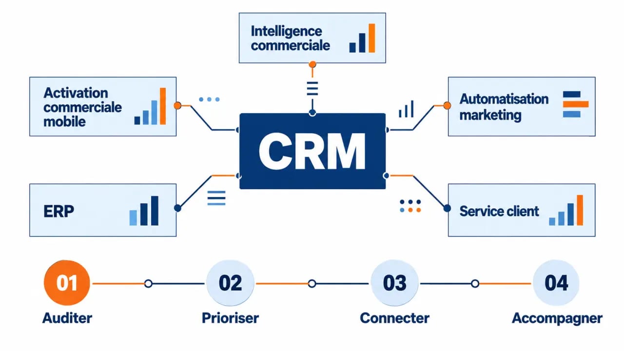 Infographie sur la digitalisation force de vente et l’écosystème CRM, sales intelligence et mobile sales enablement