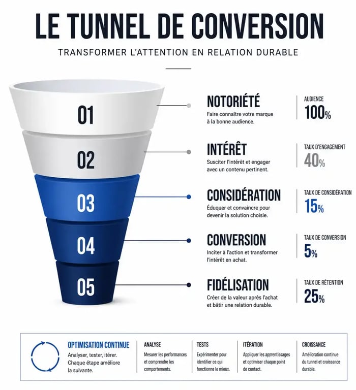 Schéma du tunnel de conversion pour un responsable marketing digital