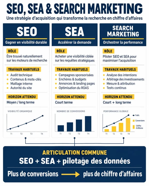 Infographie d’une agence de Search Marketing comparant SEO, SEA et SEM