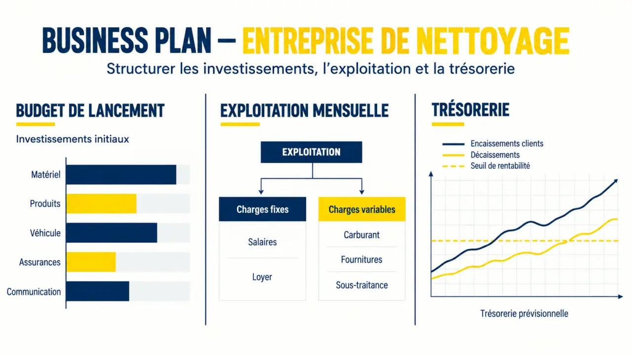 Business plan entreprise de nettoyage : schéma visuel du budget, des charges et du seuil de rentabilité
