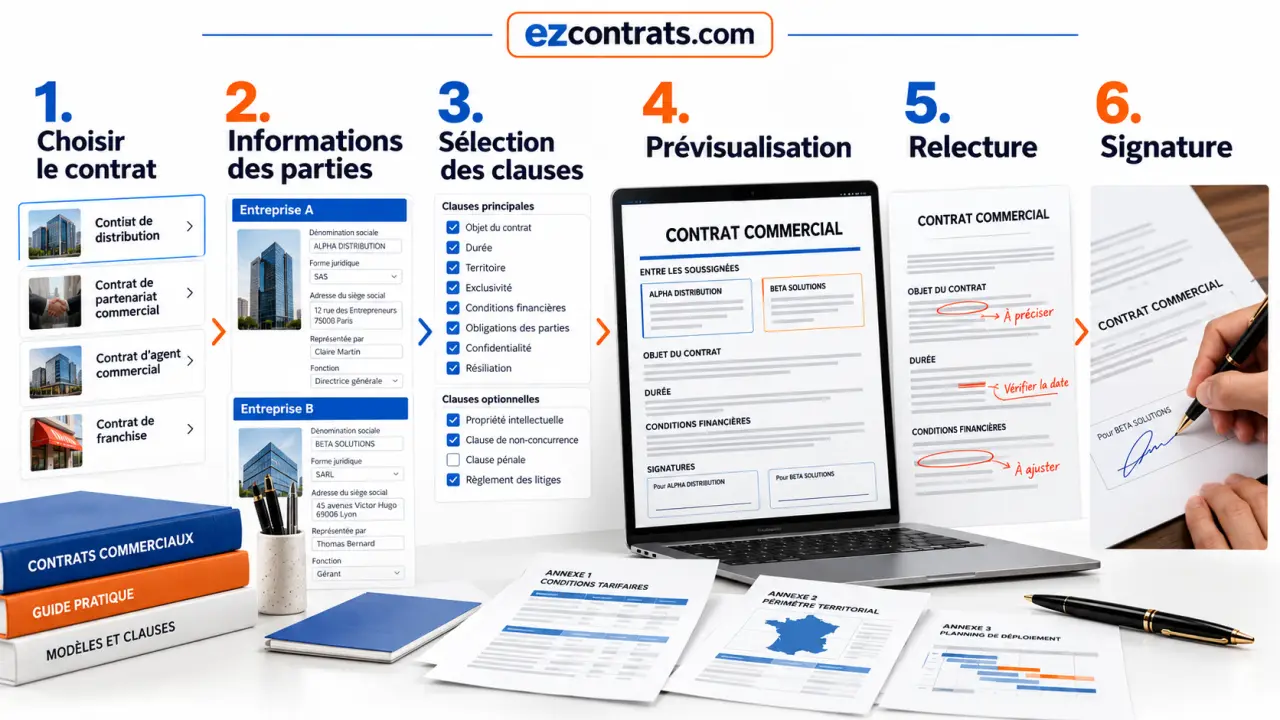 Étapes pour rédiger contrat commercial avec ezcontrats.com, de la sélection des clauses à la signature