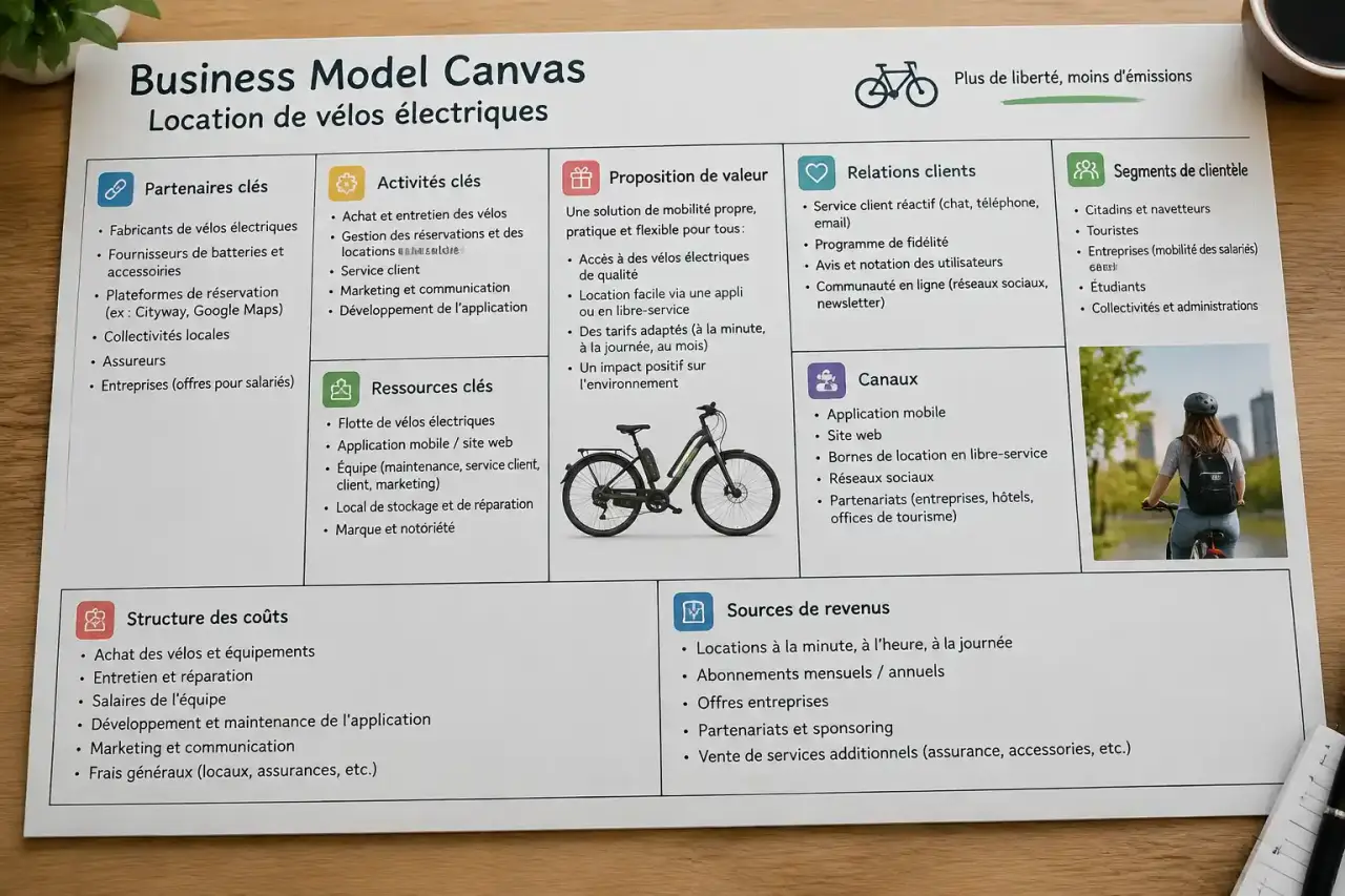 Business Model Canvas : un exemple complet de location de vélos électriques, bloc par bloc