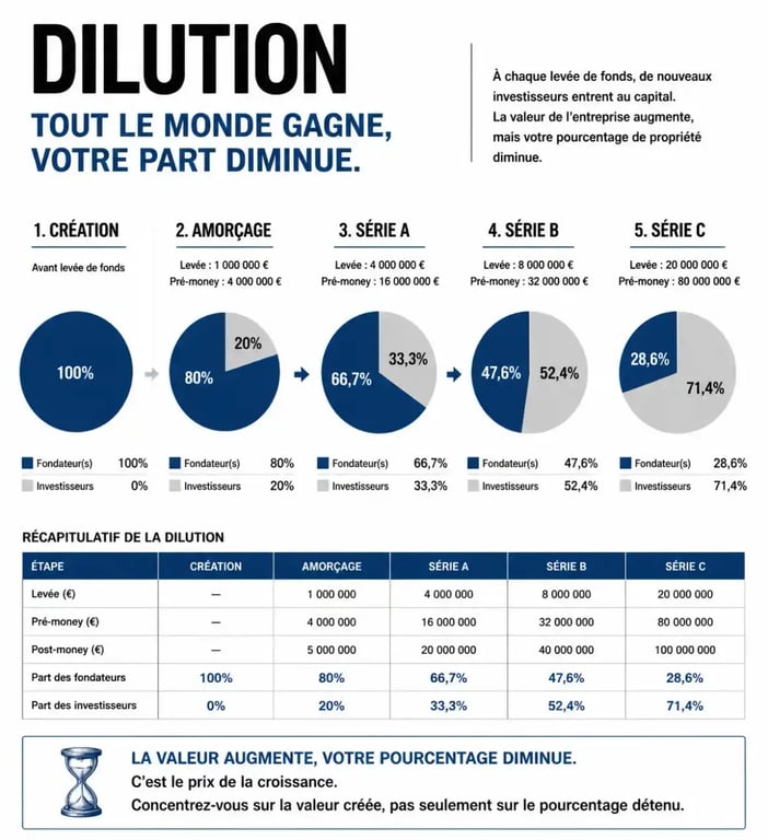 Schéma explicatif de la dilution du capital lors d'une levée de fonds pour investir dans des startup