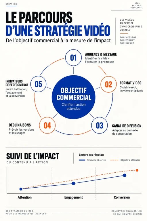Agence marketing vidéo : schéma du parcours entre objectif commercial, format, diffusion et performance